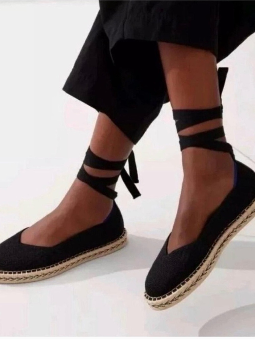 Rothy's Black Knit Espadrille Ballet Flats with Ankle Ties - Picture 2 of 5